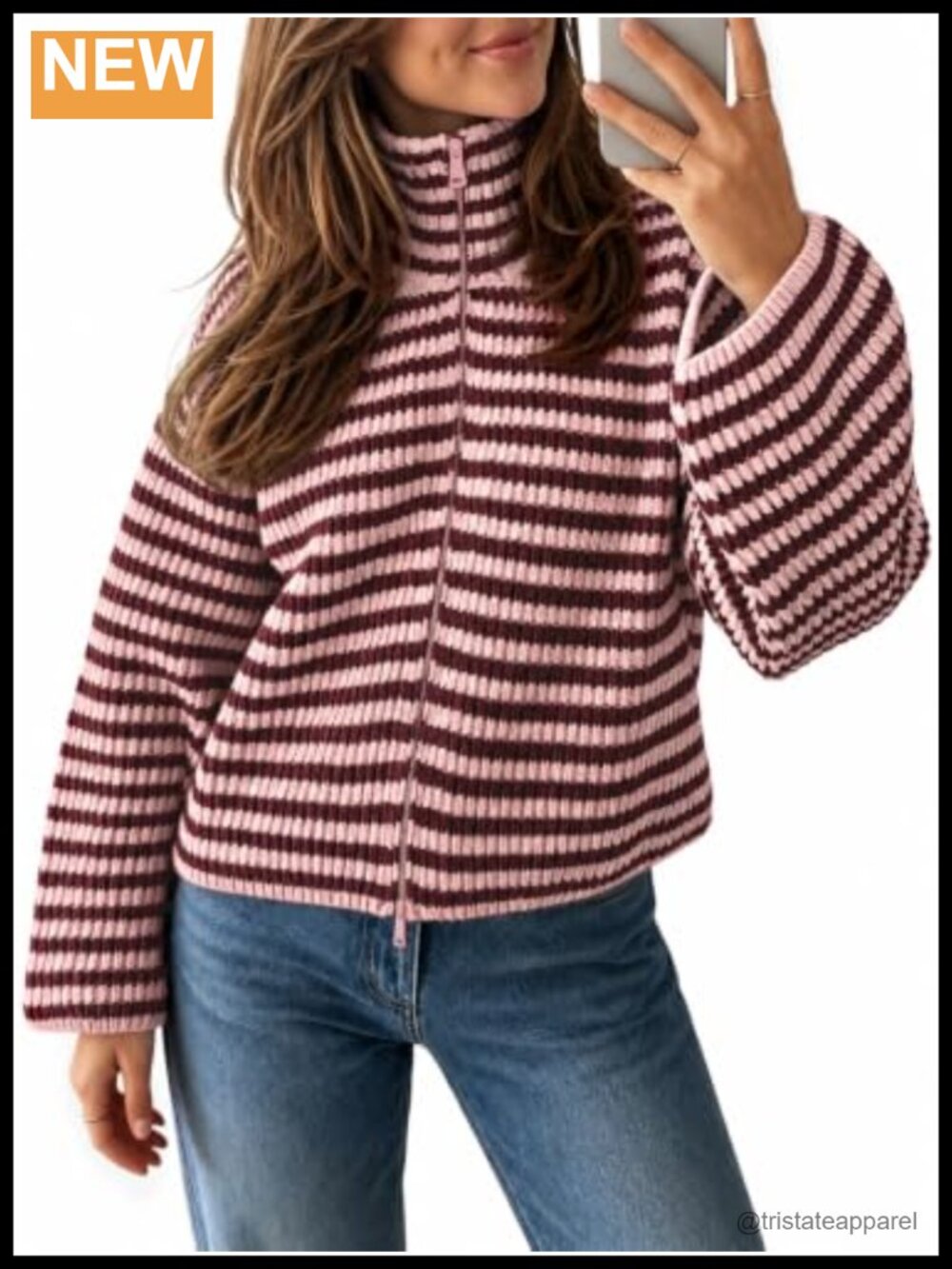 Zip Up Sweater Woman Striped Mock Neck Cardigan Loose Fit Knit Fall Winter